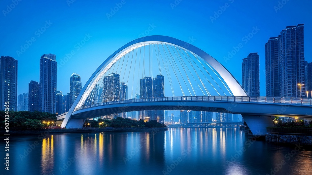 Obraz premium A modern bridge with an elegant, white, curved structure stands over the river in Shenzhen, China, AI Generative