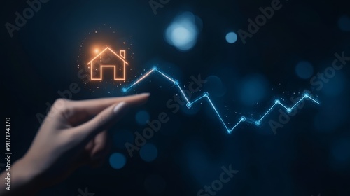 Real Estate Growth Indicator: Close-up of a Hand Pointing at an Upward Graph Arrow with House Icon photo