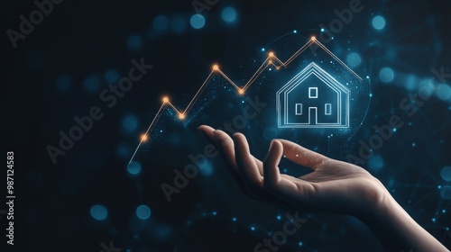 Real Estate Growth Indicator: Close-up of a Hand Pointing at an Upward Graph Arrow with House Icon photo