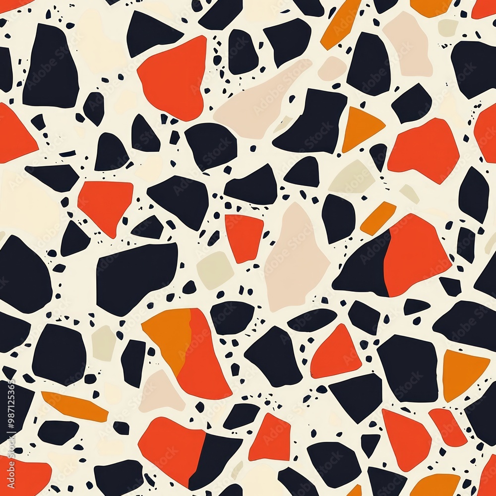 Modern Terrazzo Flooring Pattern with Bold Graphic Design and Geometric Stone Chips in Contrasting Colors, Seamless Repeat Tiling Modern Terrazzo Flooring Pattern with Bold Graphic Design and Geometric Stone Chips in Contrasting Colors, Seamless Repeat Tiling