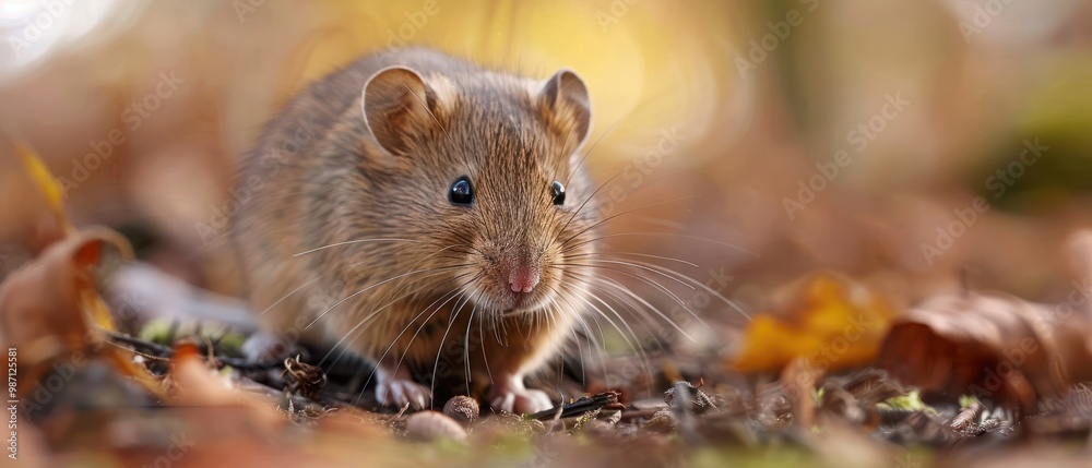A closeup of a Common vole on the ground with a blurry background. Common Vole, Microtus arvalis, in its natural habitat A closeup of a Common vole on the ground with a blurry background. Common Vole, Microtus arvalis, in its natural habitat