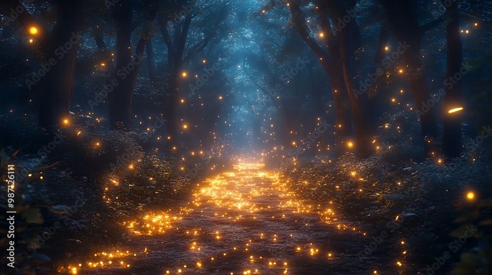 A magical forest path illuminated by glowing lights at night. A magical forest path illuminated by glowing lights at night.