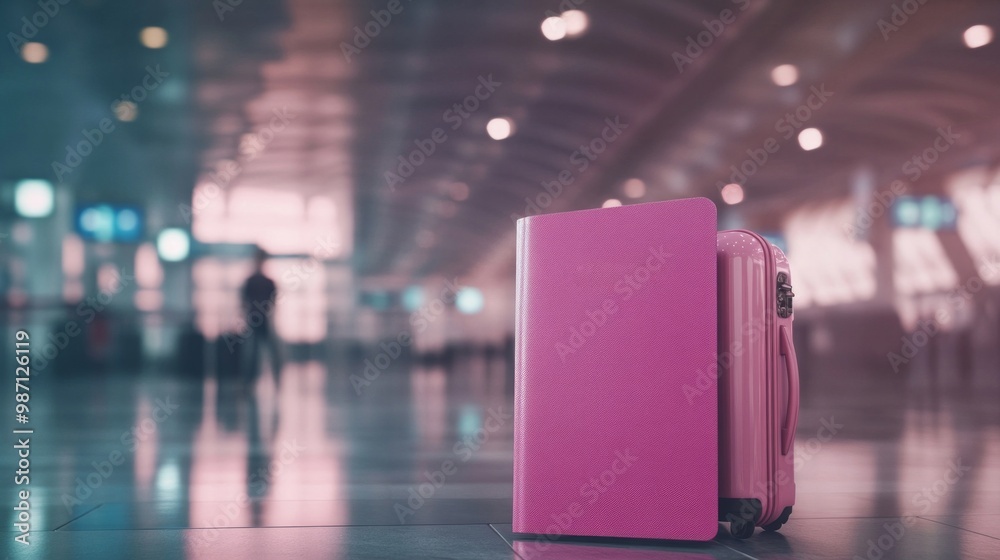 a pink passport with a pink luggage in a airport background, AI Generative a pink passport with a pink luggage in a airport background, AI Generative
