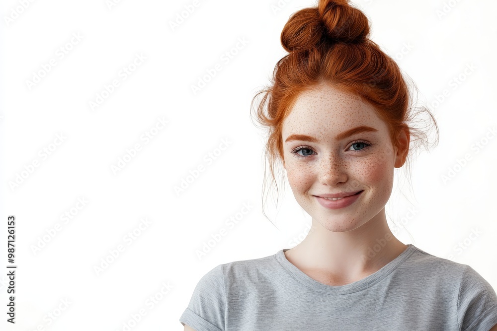 Smiling redhead woman with freckles and top bun on white background Smiling redhead woman with freckles and top bun on white background