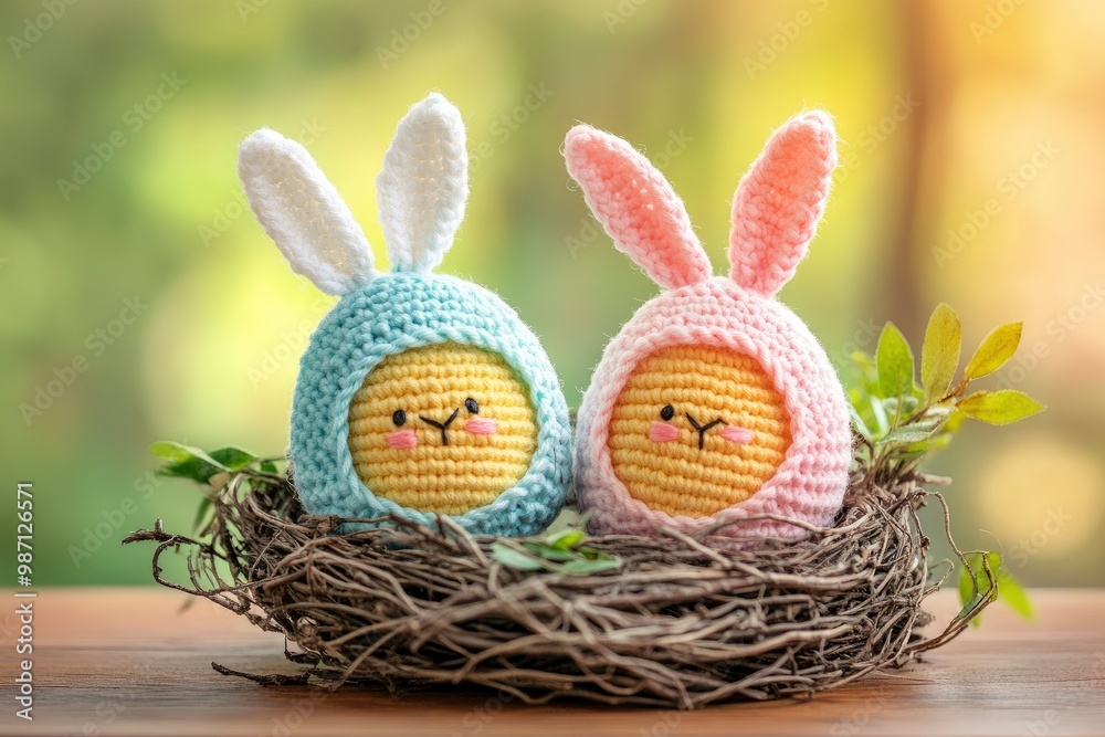 Two Easter eggs in crochet hats with rabbit ears in a nest on a wooden table. Soft focus, ai