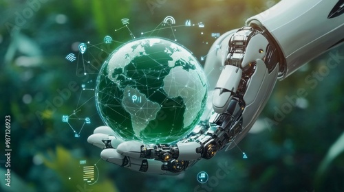 Fototapeta Naklejka Na Ścianę i Meble -  A robot hand holding a green planet Earth with icons of technology, digital networks, AI Generative