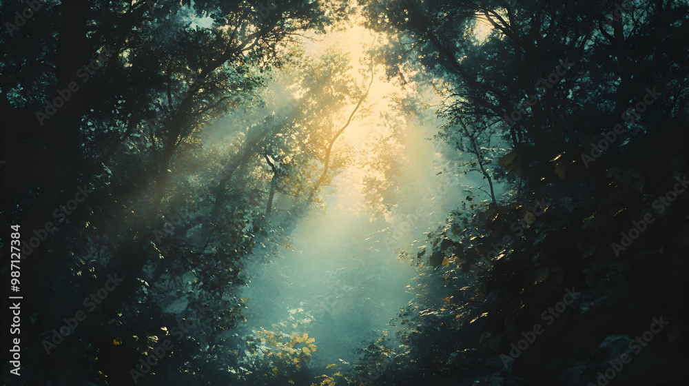 Fototapeta premium Sunlight filtering through dense forest foliage