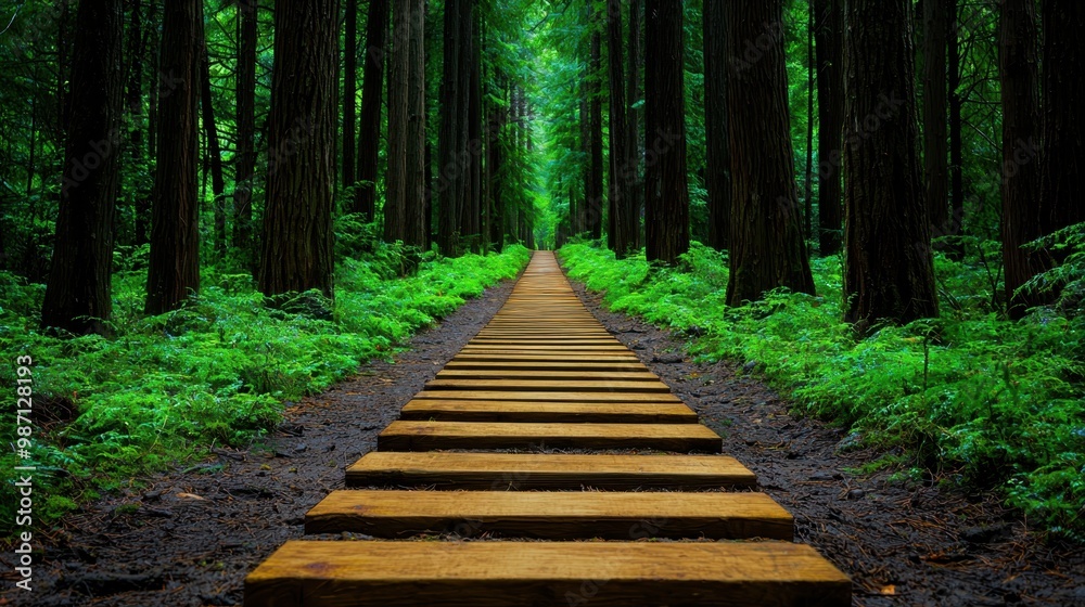 Obraz premium Tranquil Forest Pathway Towards Carbon Neutrality - Conceptual Journey Through Nature with Copy space