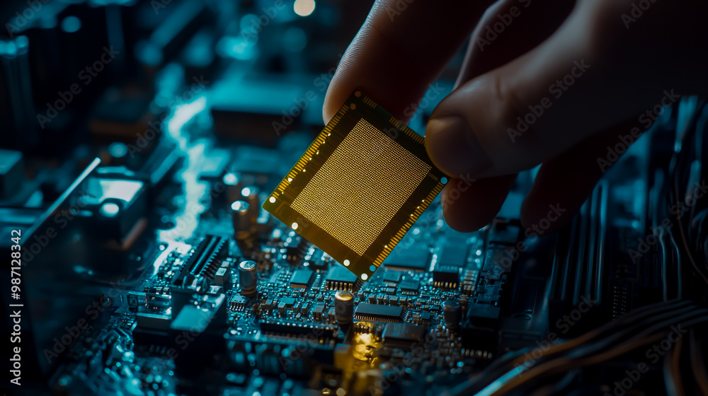 A close-up of a gold chip with a golden corner, held above computer equipment. A close-up of a gold chip with a golden corner, held above computer equipment.