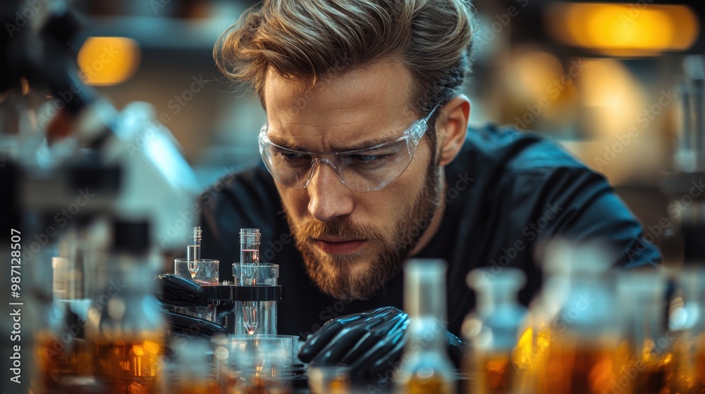 Focused Scientist Examining Chemical Samples Focused Scientist Examining Chemical Samples