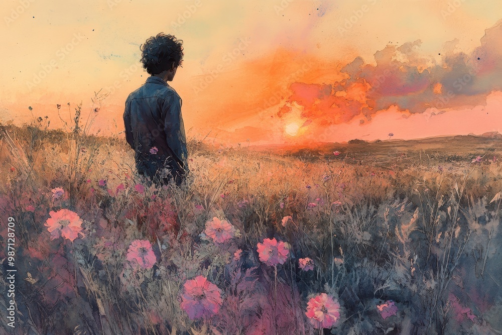 Fototapeta premium Serene Moment - Individual Gazing at Sunset in Watercolor Style