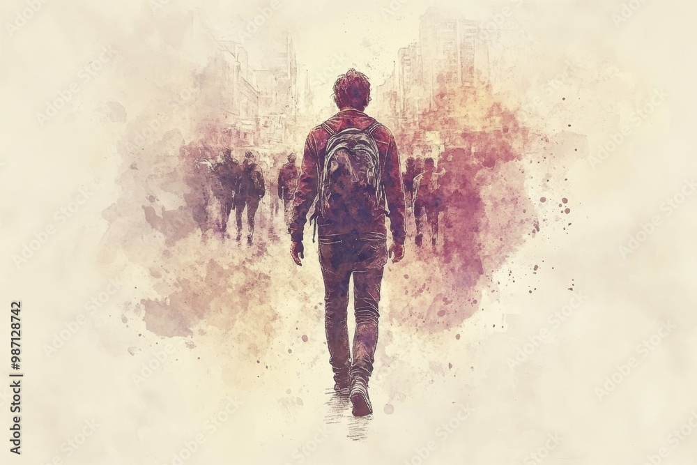 Solitude in Watercolor: Person Walking Away from Crowd, Fading into Distance Solitude in Watercolor: Person Walking Away from Crowd, Fading into Distance