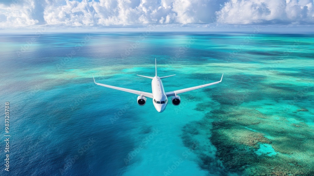 Fototapeta premium Airplane flies low over blue sea near green islands