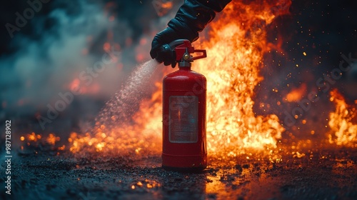 Close-up of hand using fire extinguisher on fire, burning building and smoke in background, safety training concept for office or home, commercial photo, soft lighting
