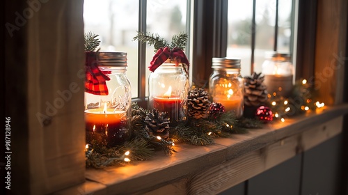 Rustic Christmas Window Sills with Mason Jars and Candles