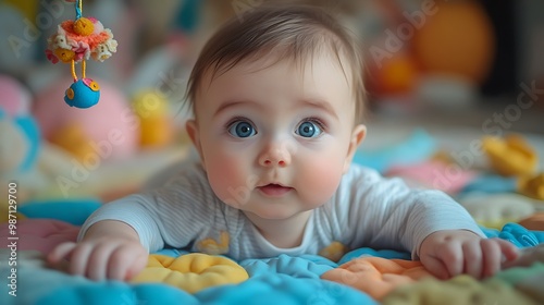 Adorable baby with big blue eyes lying on a colorful play mat, looking up with a curious expression.