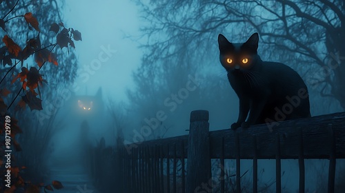 Black cat sitting on a fence in front of a haunted house, with glowing eyes and a spooky atmosphere.