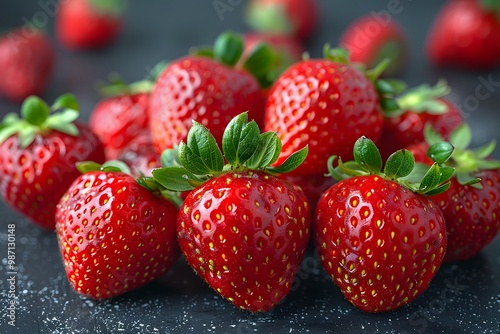 Fresh Juicy Strawberries Harvest with Green Leaves on Dark Background for Culinary Use and Healthy Lifestyle