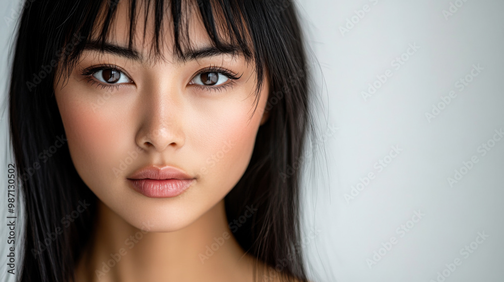 Captivating close-up of a young woman with long hair and a serene expression in a softly lit indoor setting Captivating close-up of a young woman with long hair and a serene expression in a softly lit indoor setting