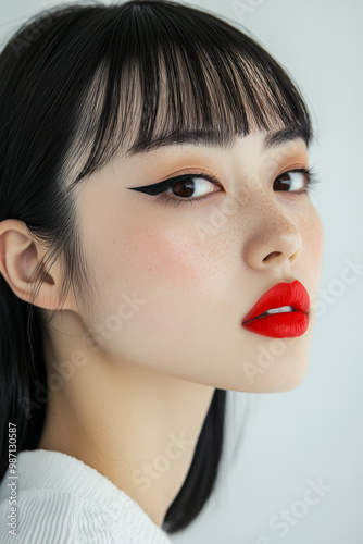 A close-up portrait of a woman showcasing bold red lips and striking eyeliner against a neutral background photo