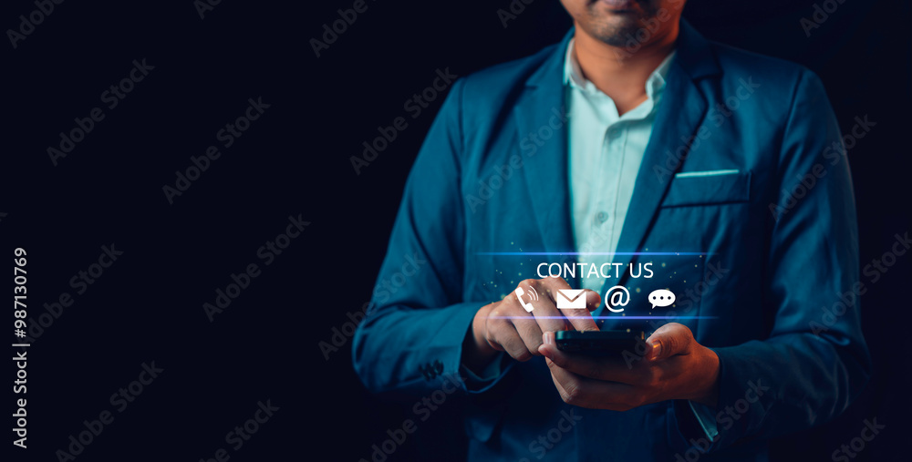 Businessman touching on virtual screen contact icons (email, address, live chat, telephone). Contact us or Customer support hotline, Customer service, helpdesk advice online support
