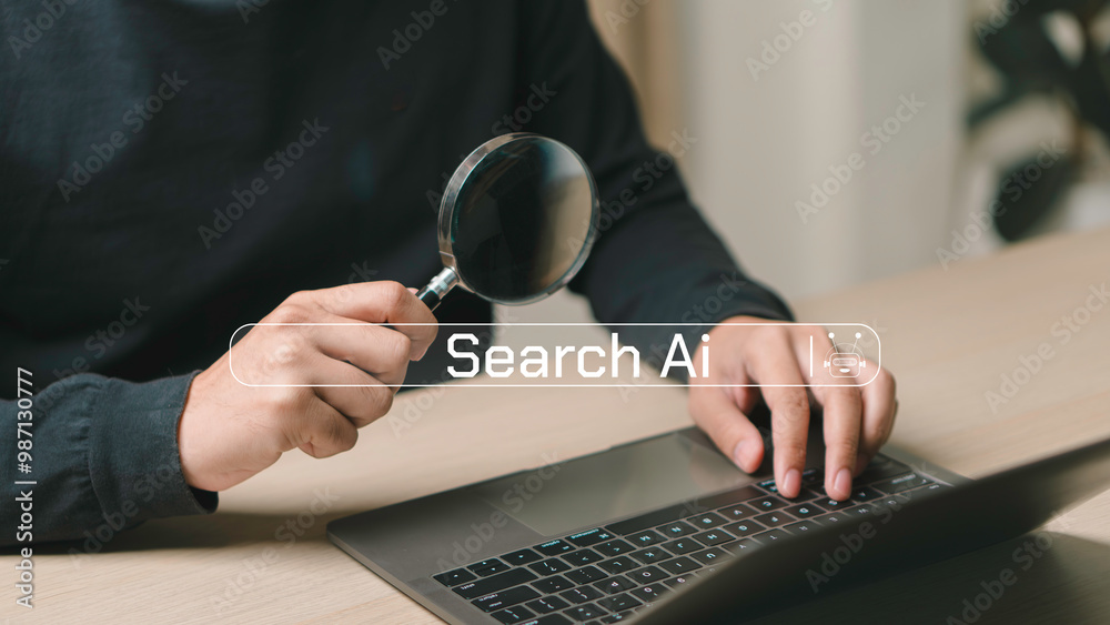 businessman using laptop connection to AI, use command prompt for search data, web, browser, digital technology internet network connection social media marketing.