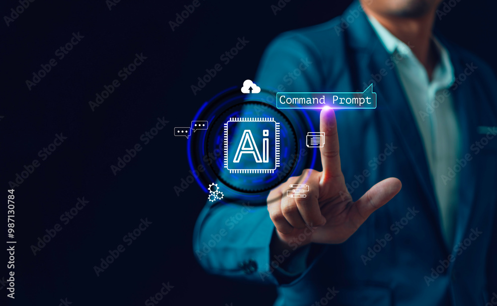 command prompt Artificial Intelligence for generated Futuristic technology transformation, businessman using with chat bot technology smart robot AI, Learning help work, smart fast.