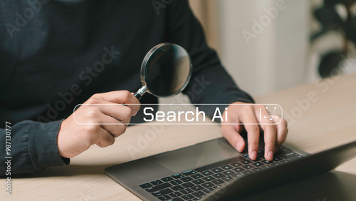 Obraz na płótnie businessman using laptop connection to AI, use command prompt for search data, web, browser, digital technology internet network connection social media marketing. w salonie