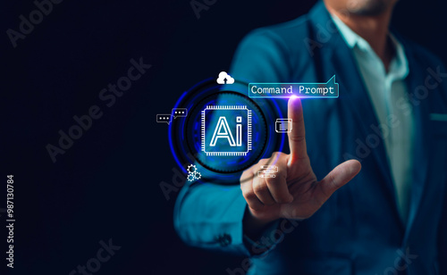 Obraz na płótnie command prompt Artificial Intelligence for generated Futuristic technology transformation, businessman using with chat bot technology smart robot AI, Learning help work, smart fast. w salonie