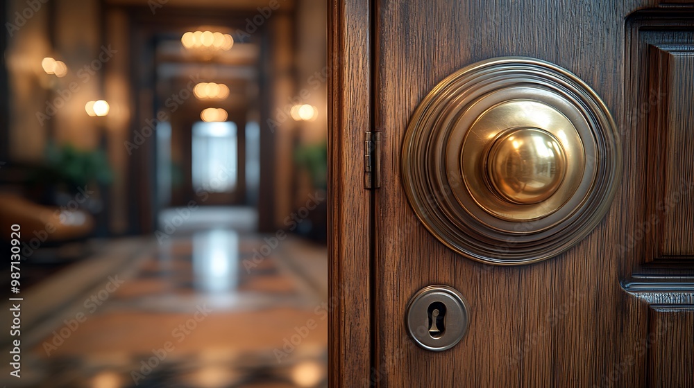 Close-up of a brass doorknob on a wooden door, with a blurry view of a hallway behind it.