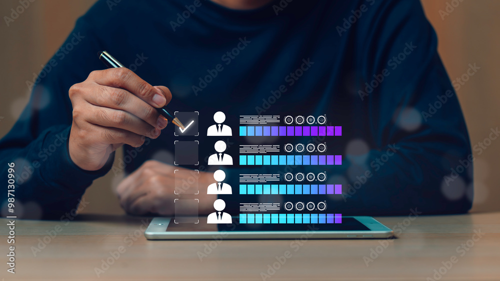 Human resources management concept, Business and technology Fill out an online employee assessment form. Human resource management, HR, recruitment, leadership and teambuilding.