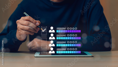 Obraz na płótnie Human resources management concept, Business and technology Fill out an online employee assessment form. Human resource management, HR, recruitment, leadership and teambuilding. w salonie