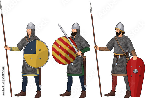 Three Early Medieval Foot Soldiers during Crusades in Chain Mail Armour and with Various Weapons, Illustration Isolated on White Background, EPS 10 Vector