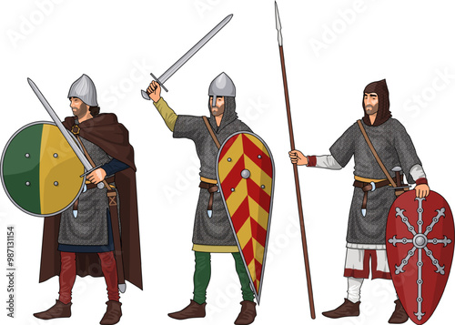 Three Early Medieval Foot Soldiers during Crusades in Chain Mail Armour and with Various Weapons, Illustration Isolated on White Background, EPS 10 Vector