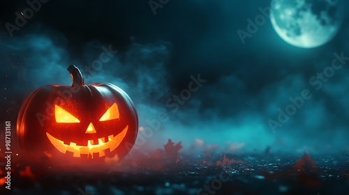 Close-up of a jack-o'-lantern with a sinister grin, surrounded by fall leaves and glowing candles.