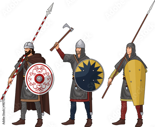Three Early Medieval Foot Soldiers during Crusades in Chain Mail Armour and with Various Weapons, Illustration Isolated on White Background, EPS 10 Vector