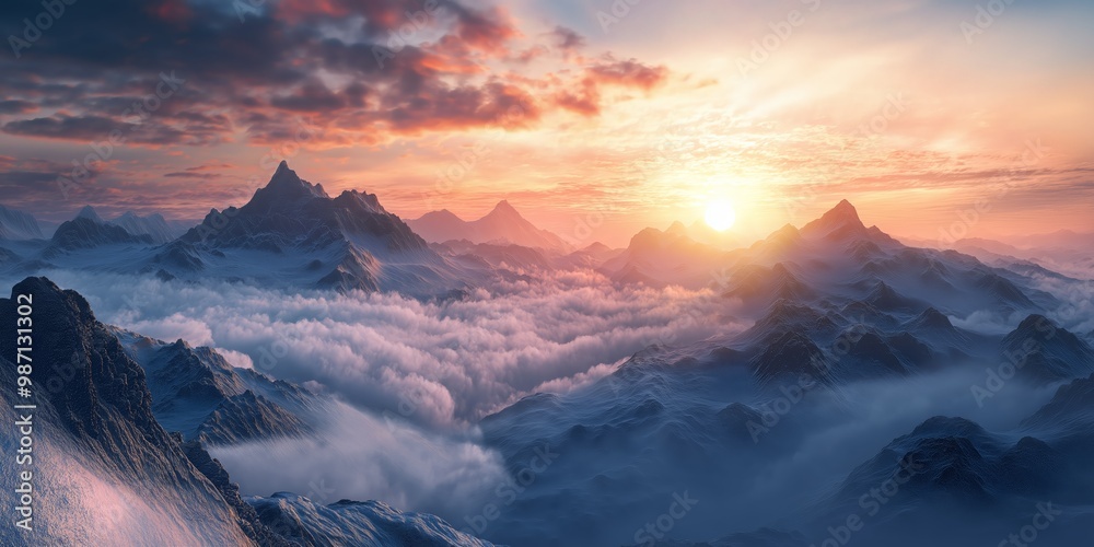 Picturesque panorama of mountains in fog and cloudsin a beautiful sunrise light. Based on Generative AI Picturesque panorama of mountains in fog and cloudsin a beautiful sunrise light. Based on Generative AI