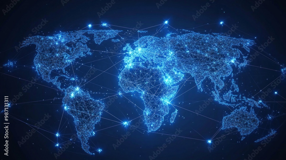 Abstract digital map of the world with glowing connections and global network concept on a dark blue background, AI Generative Abstract digital map of the world with glowing connections and global network concept on a dark blue background, AI Generative
