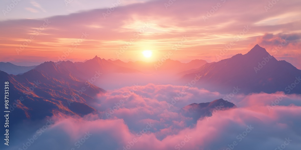 Picturesque panorama of mountains in fog and cloudsin a beautiful sunrise light. Based on Generative AI