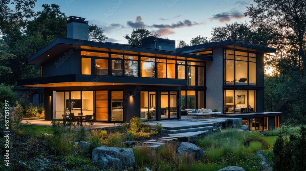 Modern house reconstruction features sleek lines, expansive windows, and bold accents Modern house reconstruction features sleek lines, expansive windows, and bold accents