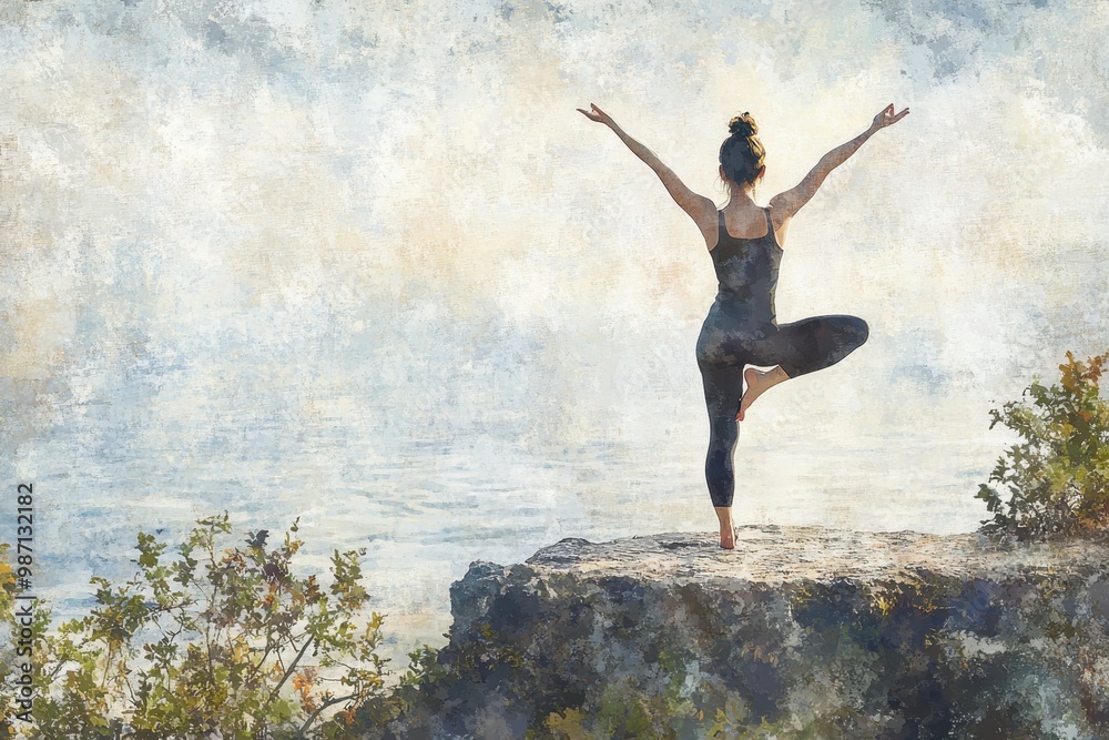 Serene Yoga Pose on Mountaintop - A Stress-Relieving Watercolor Landscape with Soft Brushstrokes Serene Yoga Pose on Mountaintop - A Stress-Relieving Watercolor Landscape with Soft Brushstrokes
