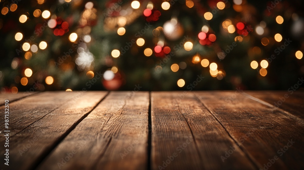 An empty wooden table with a Christmas theme in the background, AI Generative An empty wooden table with a Christmas theme in the background, AI Generative