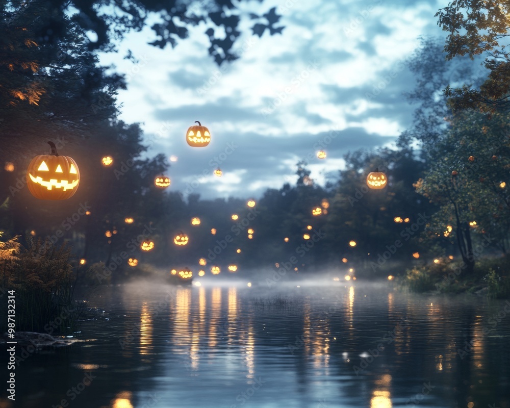 Floating jack-o-lanterns glowing eerily above a spooky cornfield Floating jack-o-lanterns glowing eerily above a spooky cornfield
