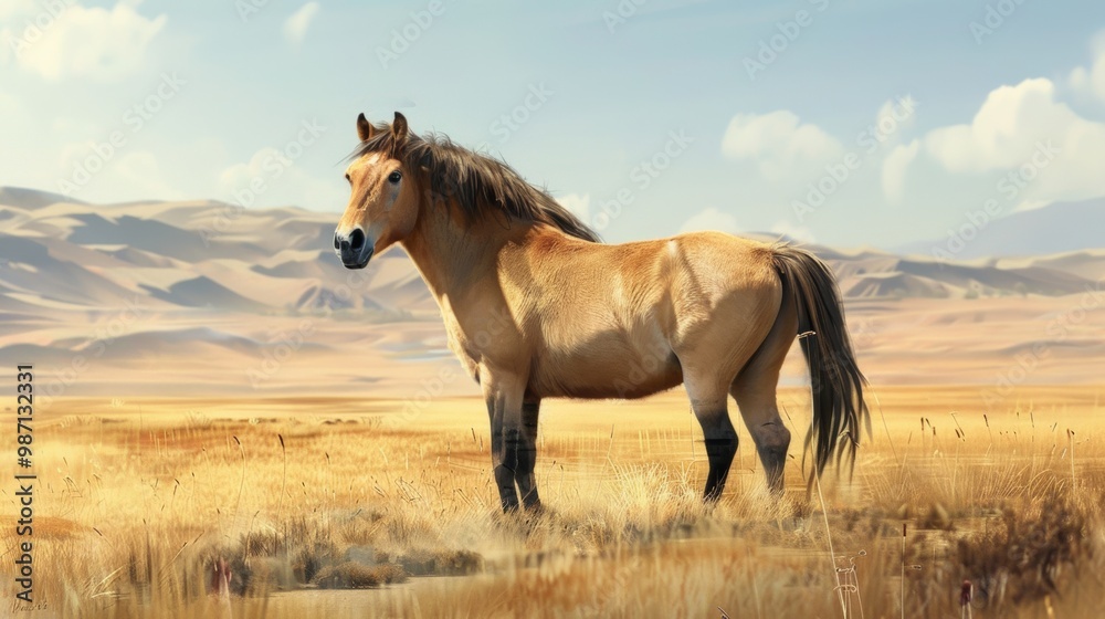 Fototapeta premium Majestic Wild Mustang Standing in Vast Golden Desert Landscape