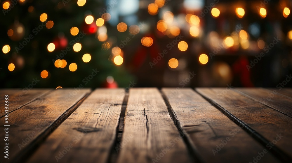 An empty wooden table with a Christmas theme in the background, AI Generative An empty wooden table with a Christmas theme in the background, AI Generative