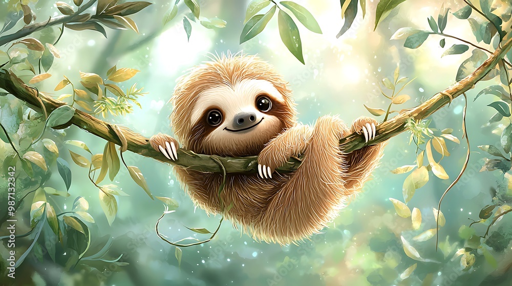 Obraz premium A cute sloth hangs lazily from a branch, enjoying its peaceful jungle surroundings.