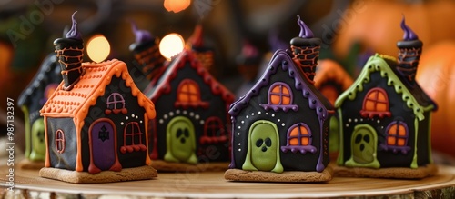 A collection of enchanting handmade ceramic miniature cottages perfect for autumn and Halloween These whimsical colorful and spooky themed houses create a magical