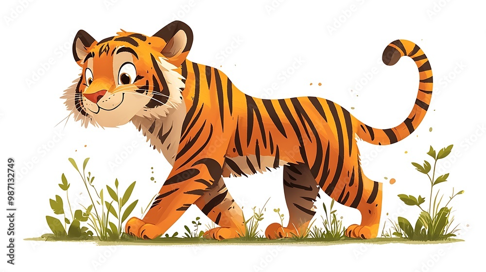 A cute cartoon tiger walks through tall grass, its stripes bold and playful. A cute cartoon tiger walks through tall grass, its stripes bold and playful.