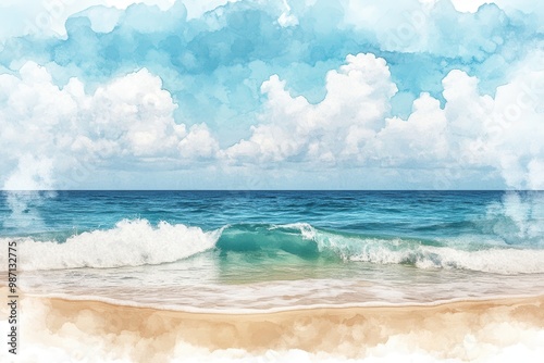 Serene Deep Breathing Exercise by the Beach with Watercolor Ocean Waves Background photo