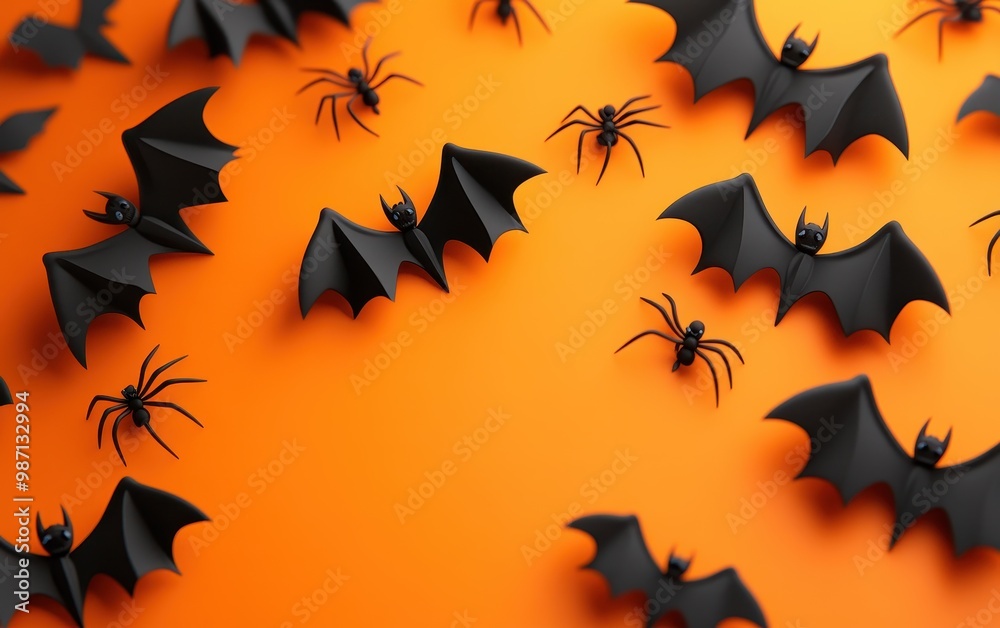 Naklejka premium Black Bats and Spiders on Orange Background